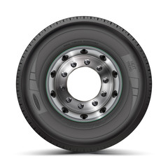 Obraz premium Truck tire, wheel. High quality vector illustration of typical truck fore wheel, isolated on white background.