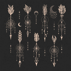 Vector set of Sacred geometric symbols with moon, eye, arrows, dreamcatcher on black background. Gold linear logo and spiritual design. Concept of imagination, magic, creativity, religion, astrology. - obrazy, fototapety, plakaty