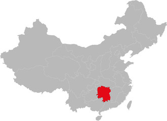 Hunan province highlighted on china map. Gray background.
