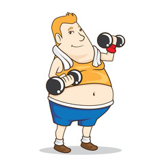 illustration of a healthy fat man weight training concept dumbbells in his hand with white background in vector style