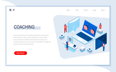 Business coaching isometric landing page. Business consultation and assistance, career growth, motivation and mentoring. Digital technology and devices. Busy people in work situation vector isometry.