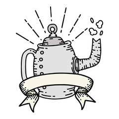 banner with tattoo style old coffee pot steaming