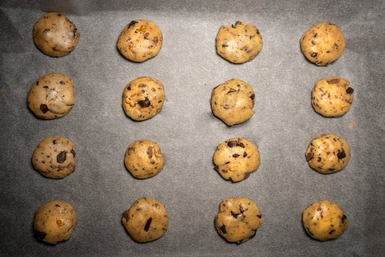 Uncooked Cookies Ready To Bake On The Oven Tray