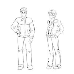 coronavirus 3. full-length young people in street clothes and with a medical mask on their faces in black lines on a white background