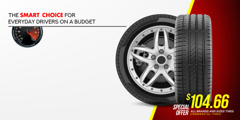 Tyre car sport advertisement poster. 3D illustration of car tire. Wheel. Black rubber tire. Realistic vector shining disk car wheel tyre. Aluminum wheel. Banner. Promo. Information. Store.  © Strajinsky