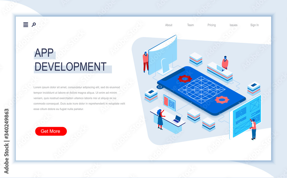 Aufkleber App development isometric landing page. UI UX usability design, application prototyping, construction and programming. Digital technology and devices. Busy people in work situation 3d vector isometry.