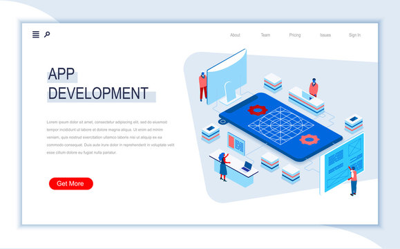 App development isometric landing page. UI UX usability design, application prototyping, construction and programming. Digital technology and devices. Busy people in work situation 3d vector isometry.