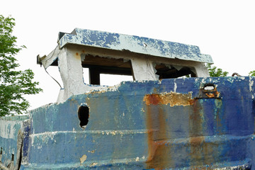 Close-up of a weathering shipwreck ashore; Nieuwpoort, Belgium, Europe
