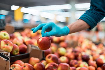 background image of a man in protective gloves picking apples