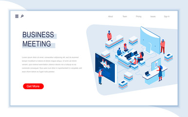 Business meeting isometric landing page. Video conference, creative teamwork collaboration, online conversation. Digital technology and devices. Busy people in work situation 3d vector isometry.