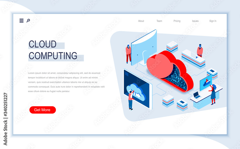 Aufkleber Cloud computing isometric landing page. Hosting platform, big data management, database storage and analyzing. Digital technology and devices. Busy people in work situation 3d vector isometry.