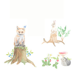 Watercolor drawing of a forest glade with a fox and a hare sitting on stumps. Well suited for printing, textile design, web sites, souvenirs, decoupage and other creative ideas.