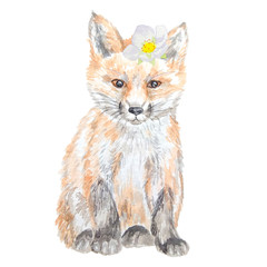 Watercolor cub of a fox with a flower on his head. Perfect for printing, textile design, souvenir products, photo albums, decoupage, web sites and other creative ideas.