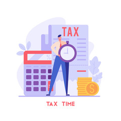 Successful businessman pays taxes on time. Tax time. Concept of tax return, optimization, duty, financial accounting. Vector illustration in flat design for UI, banner, mobile app