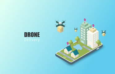 Online delivery service concept. isometric. Mobile order tracking. Delivery drones to destination. Online city logistics. Delivery on smartphone. Vector illustration