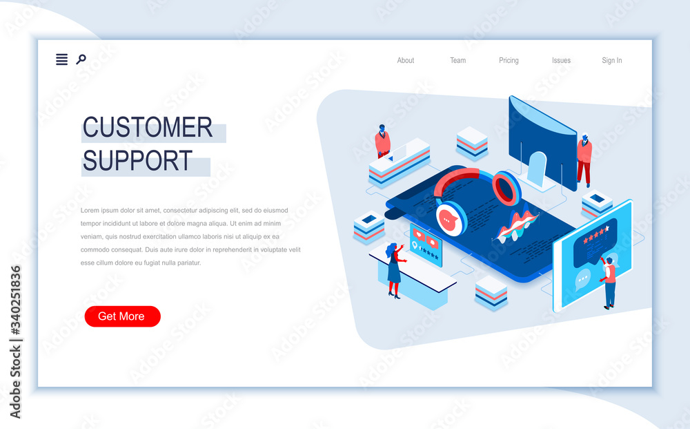Poster customer support isometric landing page. call center service, online assistance and consultation, in