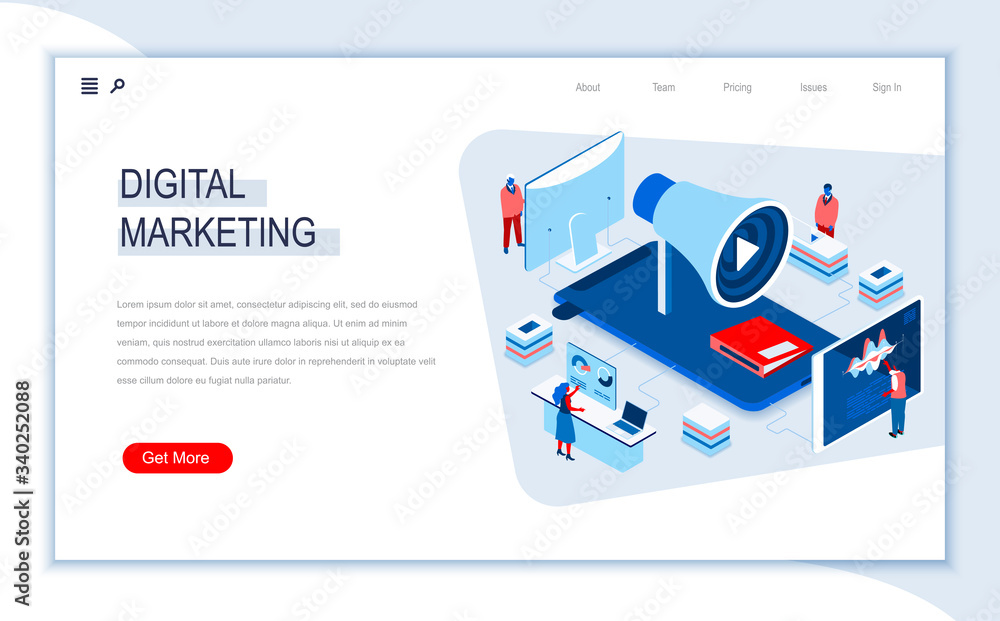 Poster digital marketing isometric landing page. marketing research, business analytics and presentation, s