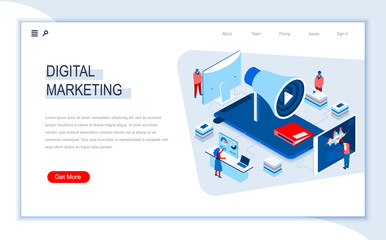 Digital marketing isometric landing page. Marketing research, business analytics and presentation, social targeting. Digital technology and devices. Busy people in work situation 3d vector isometry.