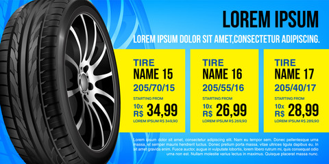 Tire car advertisement discount poster. Mock-up. 3D illustration of car tire. Wheel. Black rubber tire. Realistic vector wheel. Banner. Promo. Information. Store. Sale.