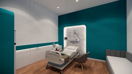 3d rendering. Interior hospital modern design . Row of empty hospital beds and various first aid medical equipment in empty emergency room Medical practice concept.4k