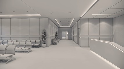 3d rendering. Interior hospital modern design . Row of empty hospital beds and various first aid medical equipment in empty emergency room Medical practice concept.4k
