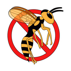 cartoon flying wasp with ban sign. pest control. white background isolated vector illustration