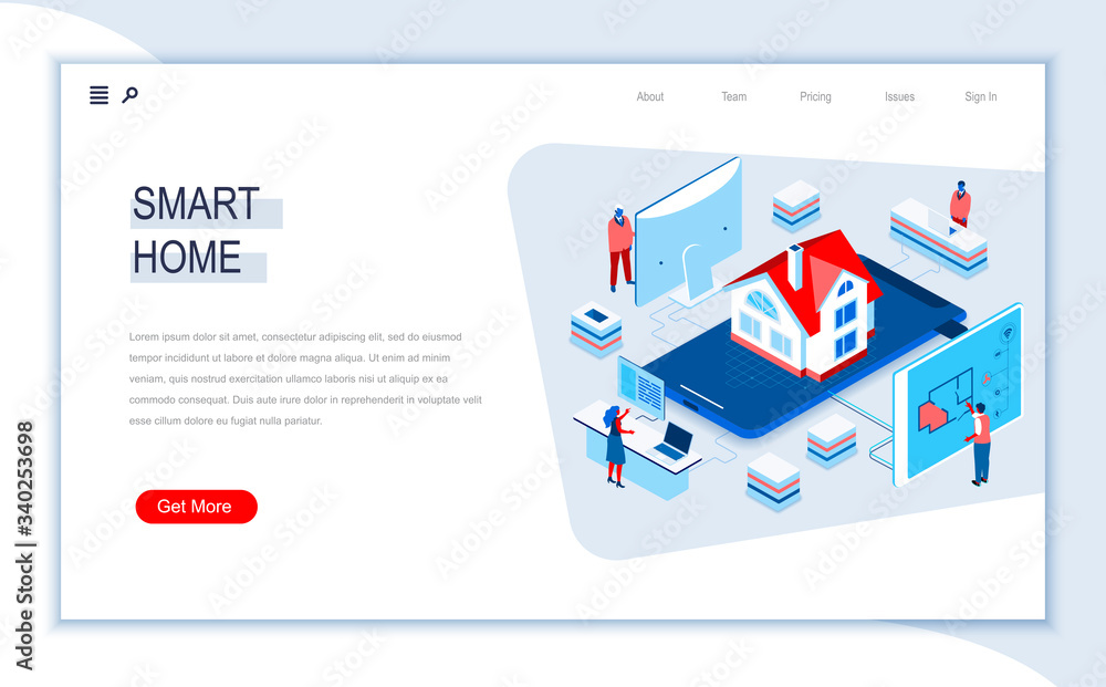 Poster Smart home isometric landing page. Online home control, monitoring and management, house system automatization. Digital technology and devices. Busy people in work situation 3d vector isometry.