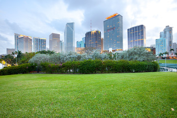 Bayfront Park and downtown city skyline at dusk, Miami, Florida, United States