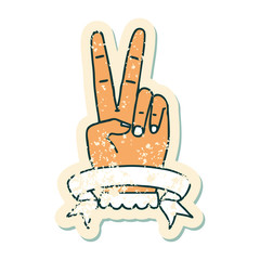 peace two finger hand gesture with banner grunge sticker