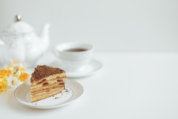 Slice of cake with cream on a white plate on a background in bright colors