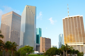 Skyline of downtown buildings at sunrise, Miami, Florida, United States