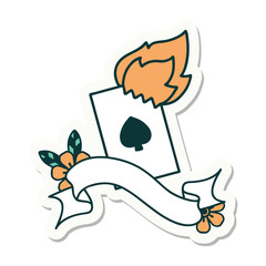 tattoo sticker with banner of a flaming card