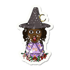 human witch with natural twenty dice roll illustration