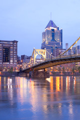 Fototapeta na wymiar Roberto Clemente Bridge over Allegheny River at dusk, Pittsburgh, Pennsylvania, United States.