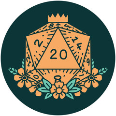 natural 20 D20 dice roll with floral elements icon