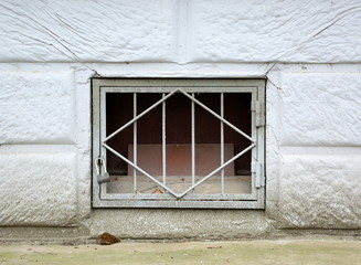 A basement window with a metal barrier