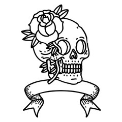 black linework tattoo with banner of a skull and rose