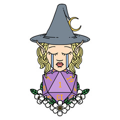 crying elf witch with natural one D20 roll illustration