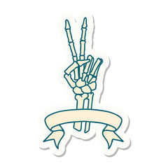 tattoo sticker with banner of a skeleton hand giving a peace sign