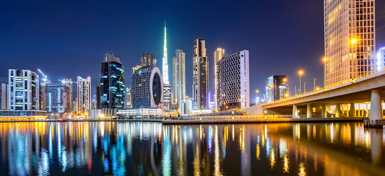 Dubai city skyline at night, UAE