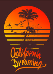 California dream palm and sunset birds tshirt print and embroidery graphic design vector art