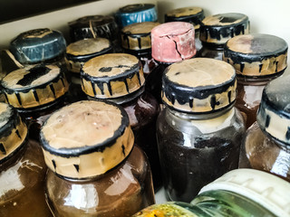 chemical bottles with various reagents