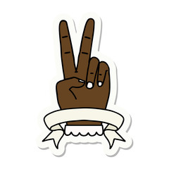 peace two finger hand gesture with banner sticker