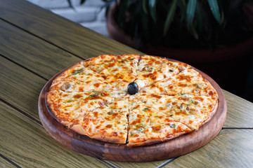Classic 4 cheese pizza, great design for any purposes. Healthy background. Vegetarian slice. Tasty...