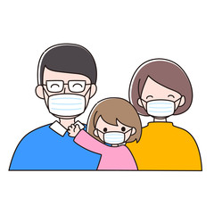 マスクをつけている３人家族　感染予防