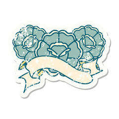 grunge sticker with banner of a bouquet of flowers