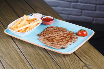 Vintage meat steak fries, great design for any purposes. Rustic style.Meat, beef. Grill barbecue food, meat bbq, steak grilled.