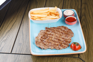 Vintage meat steak fries, great design for any purposes. Rustic style.Meat, beef. Grill barbecue food, meat bbq, steak grilled.