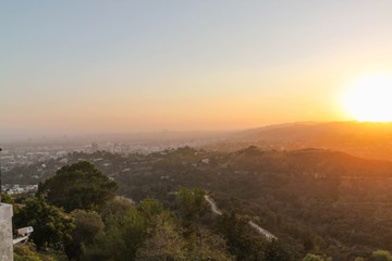 Gorgeous Skyline View Of Los Angeles On Colorful Sky Background.