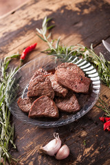 Steak meat ready to cook in a plastic container